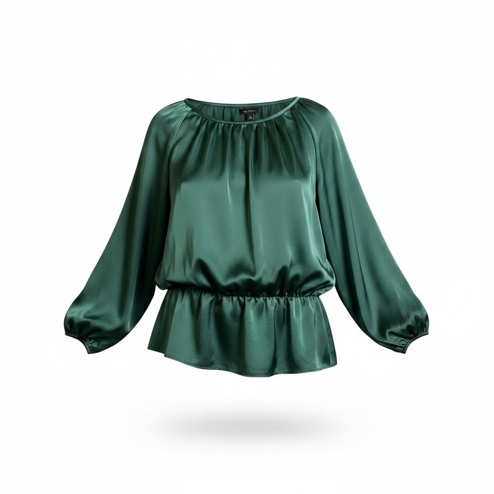 Ann Taylor Emerald Green Satin Peplum Blouse XL Pleated Top Regency Festive
